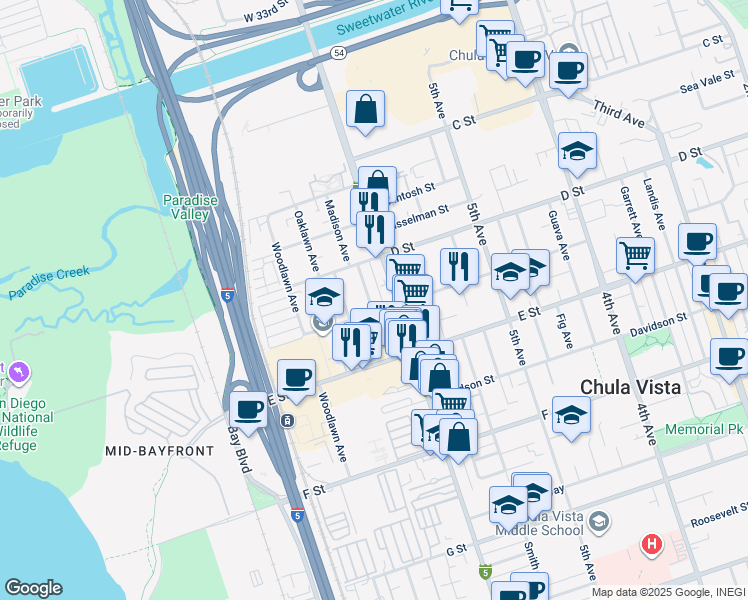 map of restaurants, bars, coffee shops, grocery stores, and more near 148 Broadway in Chula Vista