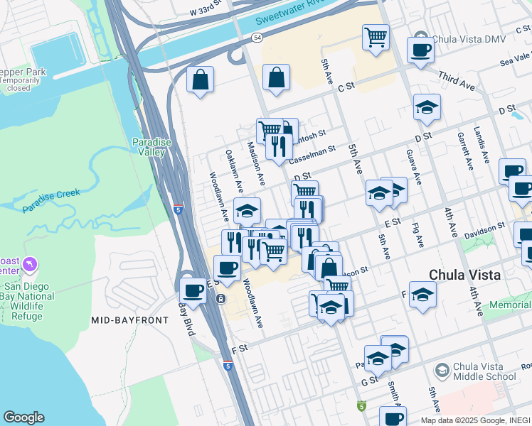 map of restaurants, bars, coffee shops, grocery stores, and more near 135 Jefferson Avenue in Chula Vista