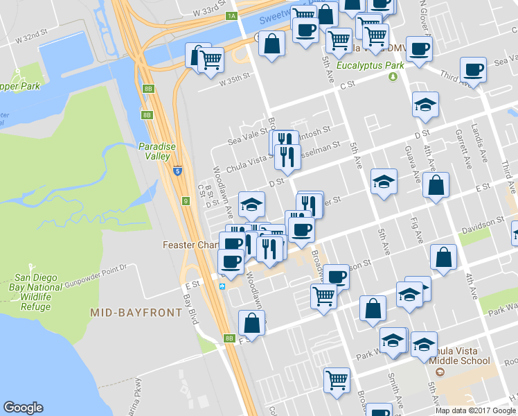 map of restaurants, bars, coffee shops, grocery stores, and more near 125 Oaklawn Avenue in Chula Vista