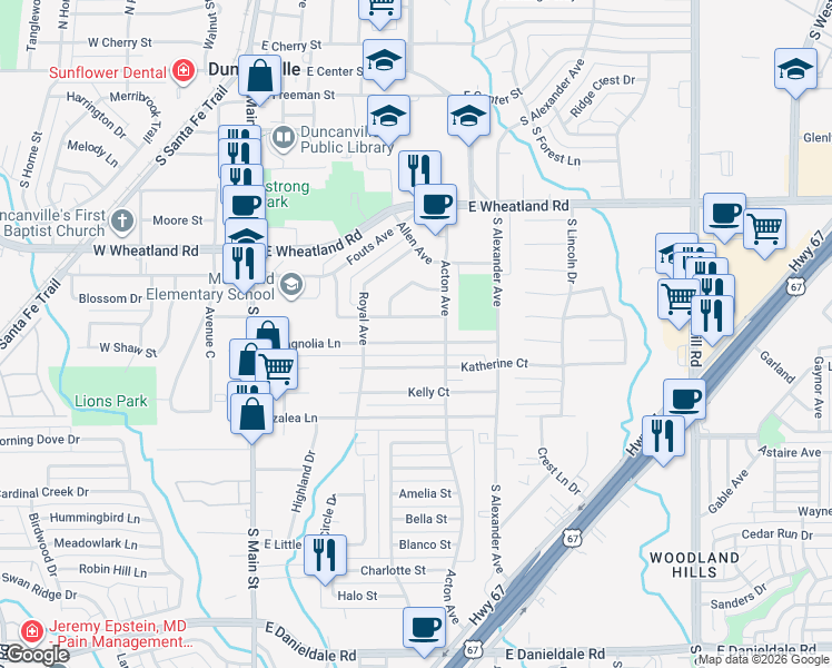 map of restaurants, bars, coffee shops, grocery stores, and more near 447 East Magnolia Lane in Duncanville