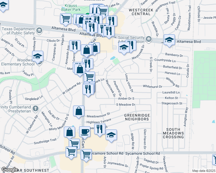 map of restaurants, bars, coffee shops, grocery stores, and more near 6821 Westglen Drive in Fort Worth