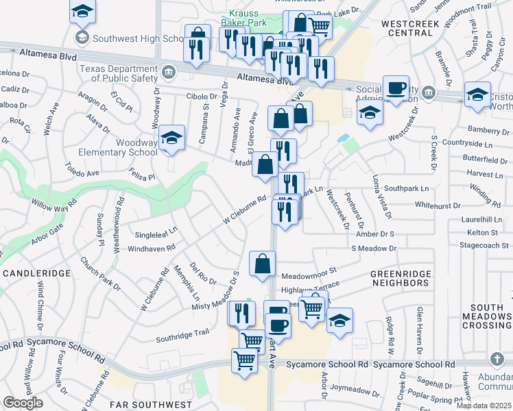 map of restaurants, bars, coffee shops, grocery stores, and more near 6907 West Cleburne Road in Fort Worth
