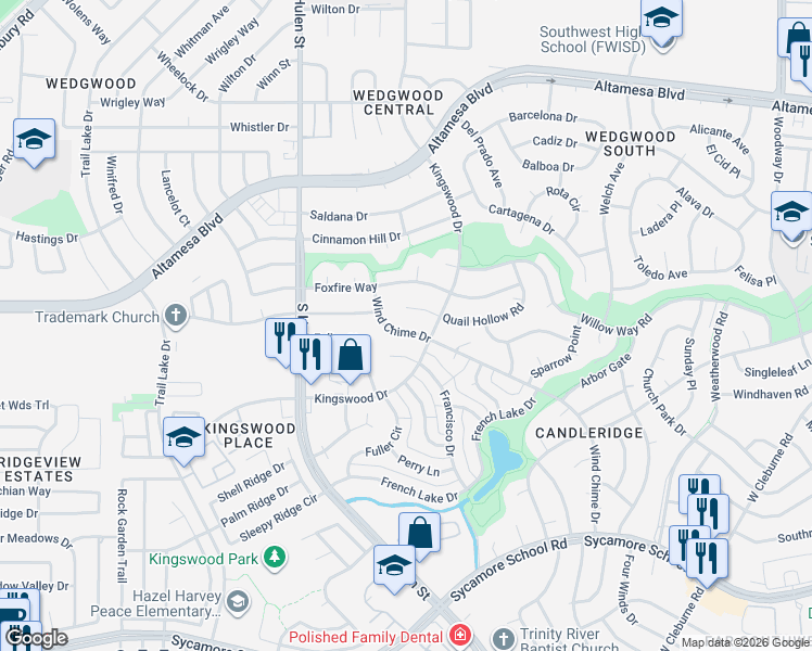 map of restaurants, bars, coffee shops, grocery stores, and more near 7109 Wind Chime Drive in Fort Worth
