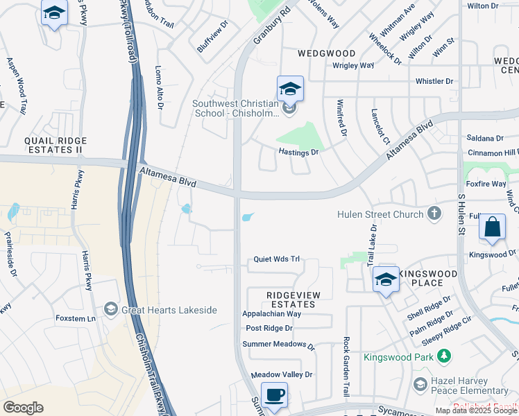 map of restaurants, bars, coffee shops, grocery stores, and more near 5417 Altamesa Boulevard in Fort Worth