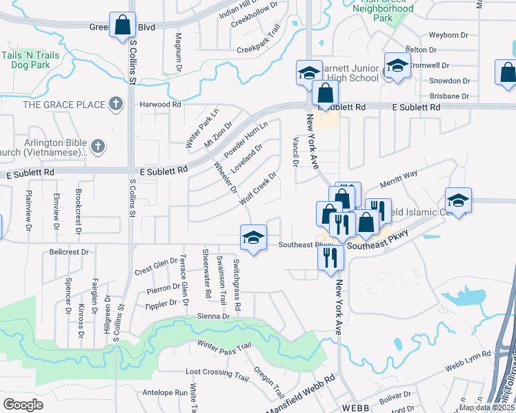 map of restaurants, bars, coffee shops, grocery stores, and more near 6426 Wolf Creek Ct in Arlington