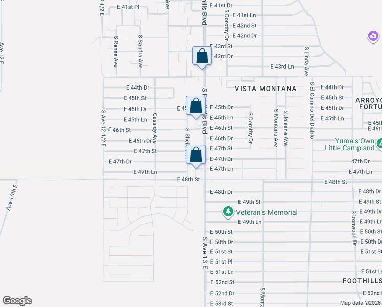 map of restaurants, bars, coffee shops, grocery stores, and more near South Sheila Avenue in Yuma