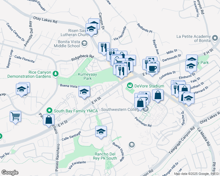 map of restaurants, bars, coffee shops, grocery stores, and more near 1440 East H Street in Chula Vista