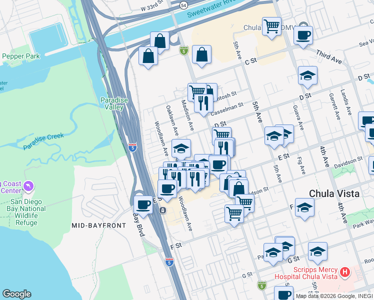 map of restaurants, bars, coffee shops, grocery stores, and more near 126 Jefferson Avenue in Chula Vista