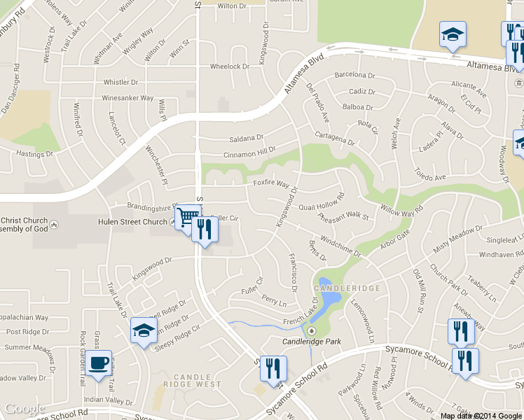map of restaurants, bars, coffee shops, grocery stores, and more near 7109 Wind Chime Drive in Fort Worth