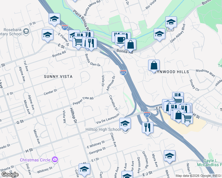 map of restaurants, bars, coffee shops, grocery stores, and more near 4387 Adrienne Drive in Chula Vista