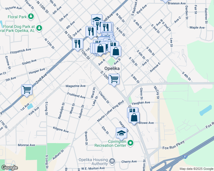 map of restaurants, bars, coffee shops, grocery stores, and more near 1011 Avenue C in Opelika