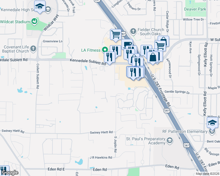 map of restaurants, bars, coffee shops, grocery stores, and more near 3208 Joplin Road in Kennedale