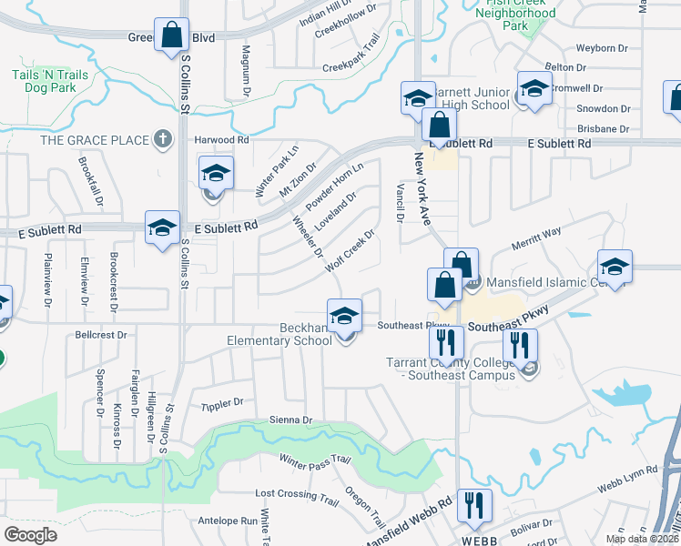 map of restaurants, bars, coffee shops, grocery stores, and more near 6426 Wolf Creek Court in Arlington