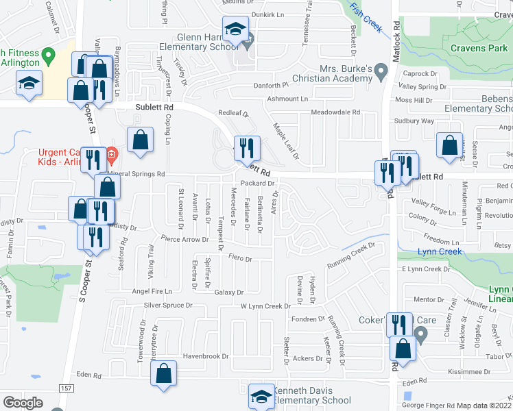 map of restaurants, bars, coffee shops, grocery stores, and more near 6212 Berlinetta Drive in Arlington