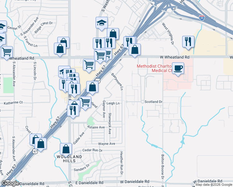 map of restaurants, bars, coffee shops, grocery stores, and more near 1111 Bogart Circle in Duncanville