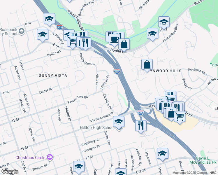 map of restaurants, bars, coffee shops, grocery stores, and more near 4387 Adrienne Drive in Chula Vista