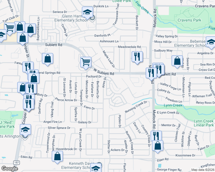 map of restaurants, bars, coffee shops, grocery stores, and more near 6230 Brookhaven Trail in Arlington