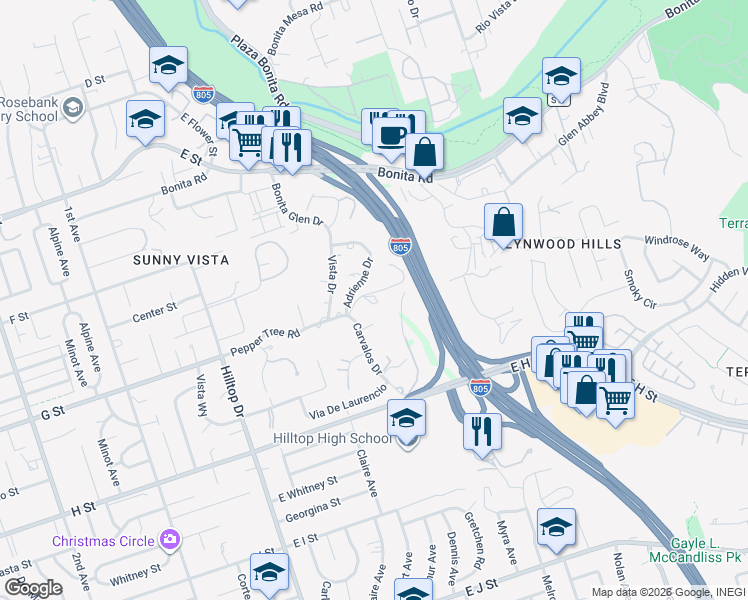 map of restaurants, bars, coffee shops, grocery stores, and more near 4387 Adrienne Drive in Chula Vista