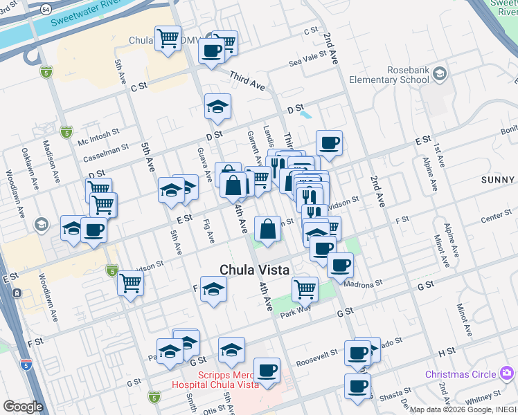 map of restaurants, bars, coffee shops, grocery stores, and more near 229 Glover Avenue in Chula Vista