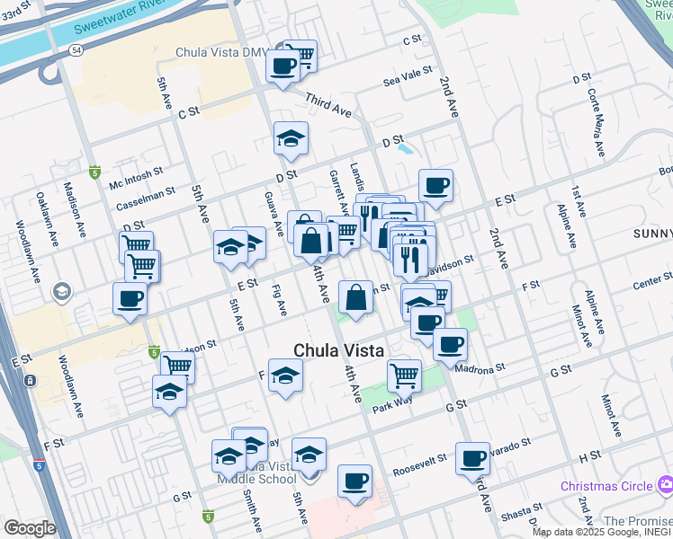 map of restaurants, bars, coffee shops, grocery stores, and more near 229 Glover Avenue in Chula Vista