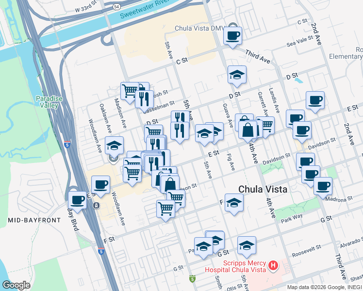 map of restaurants, bars, coffee shops, grocery stores, and more near 540 Flower Street in Chula Vista