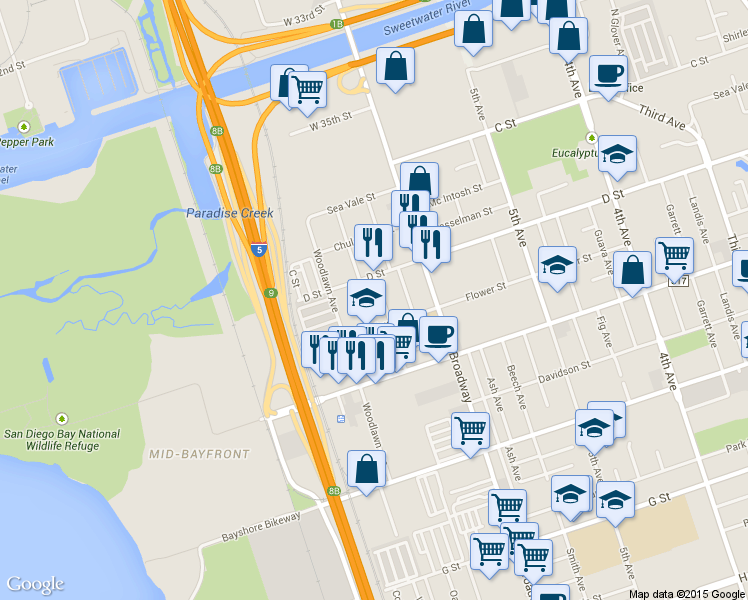 map of restaurants, bars, coffee shops, grocery stores, and more near 125 Oaklawn Avenue in Chula Vista
