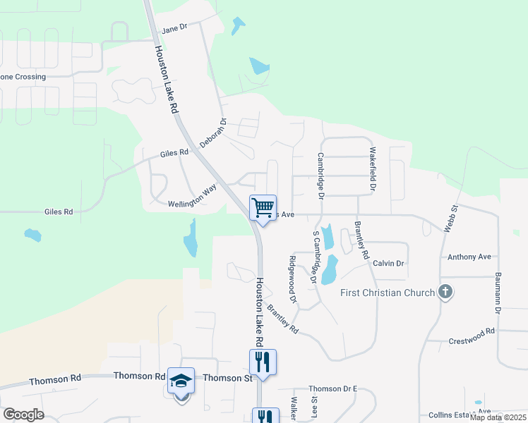 map of restaurants, bars, coffee shops, grocery stores, and more near 1100 Collins Avenue in Warner Robins