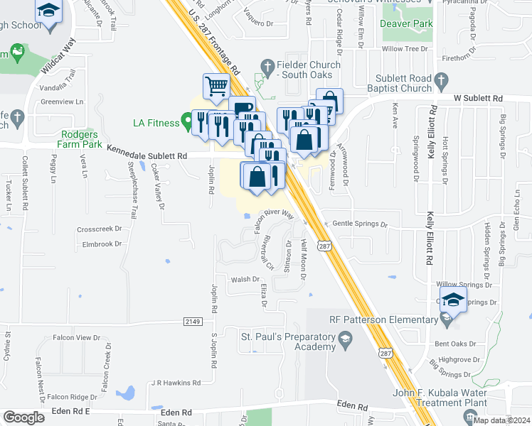 map of restaurants, bars, coffee shops, grocery stores, and more near 4901 Falcon Mill Road in Arlington