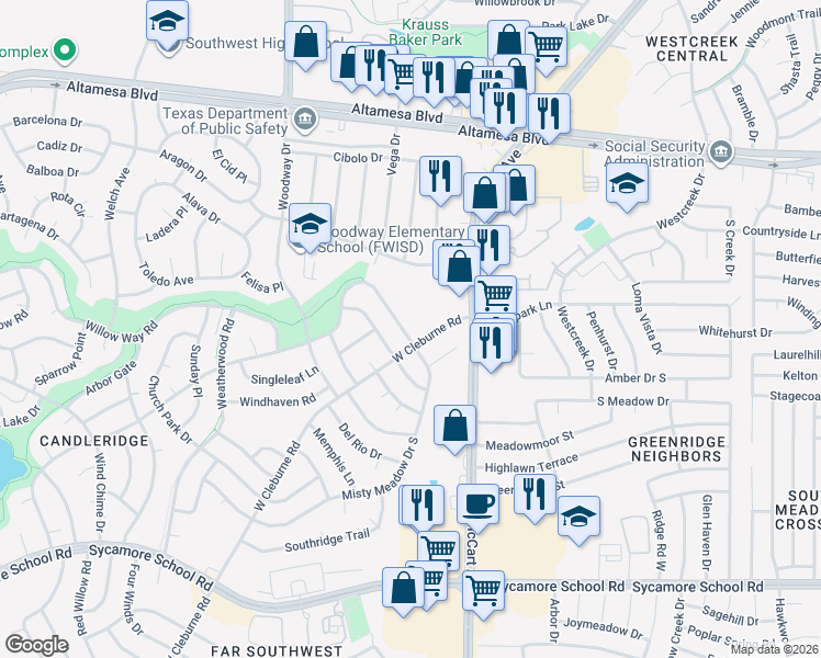 map of restaurants, bars, coffee shops, grocery stores, and more near 3709 Misty Meadow Drive in Fort Worth