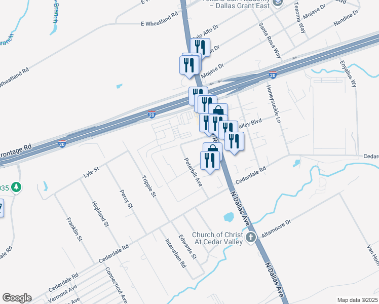 map of restaurants, bars, coffee shops, grocery stores, and more near 2510 Cherry Valley Boulevard in Dallas