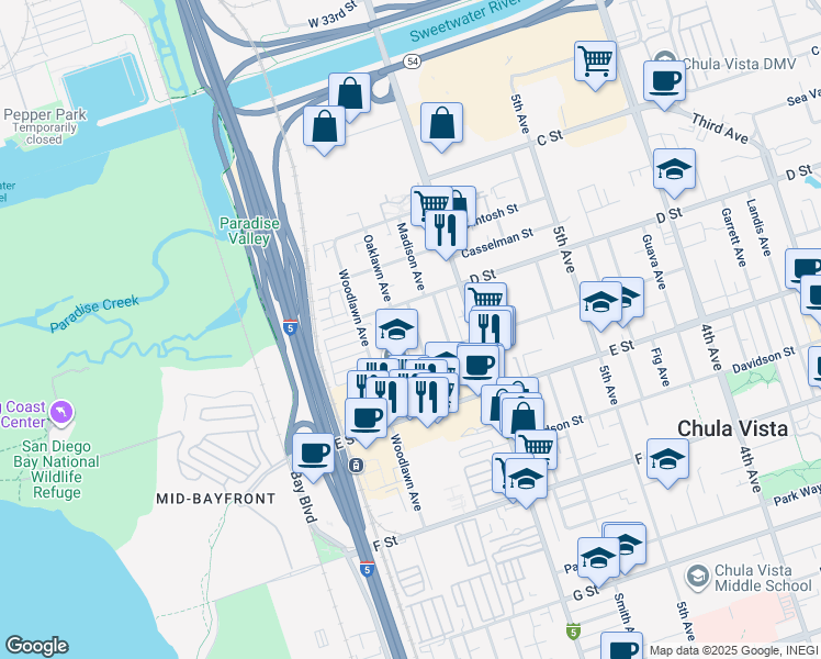 map of restaurants, bars, coffee shops, grocery stores, and more near 122 Jefferson Avenue in Chula Vista