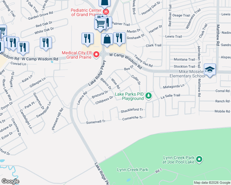 map of restaurants, bars, coffee shops, grocery stores, and more near 5403 Childress Drive in Grand Prairie