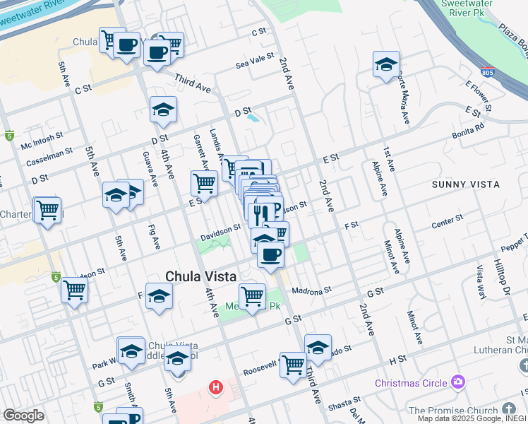 map of restaurants, bars, coffee shops, grocery stores, and more near 248 3rd Avenue in Chula Vista