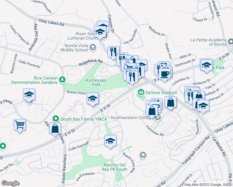 map of restaurants, bars, coffee shops, grocery stores, and more near 1415 Summit Drive in Chula Vista