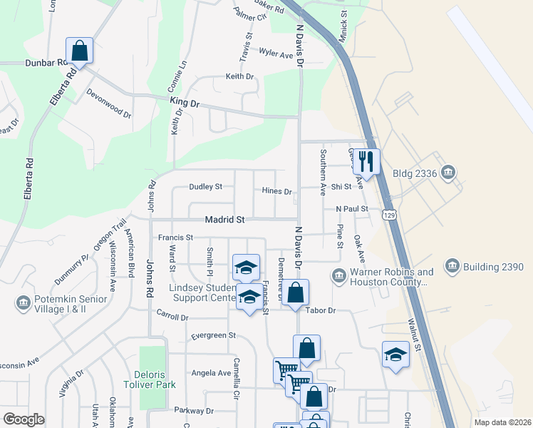 map of restaurants, bars, coffee shops, grocery stores, and more near 111 Madrid Street in Warner Robins