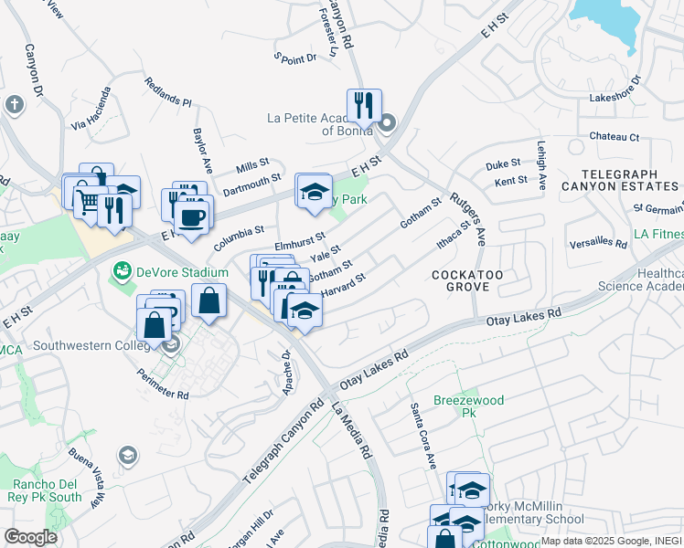 map of restaurants, bars, coffee shops, grocery stores, and more near 1704 Gotham Street in Chula Vista