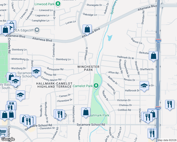 map of restaurants, bars, coffee shops, grocery stores, and more near 1101 Kielder Circle in Fort Worth