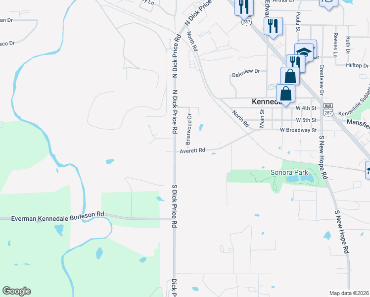 map of restaurants, bars, coffee shops, grocery stores, and more near 101 Briarwood Drive in Kennedale