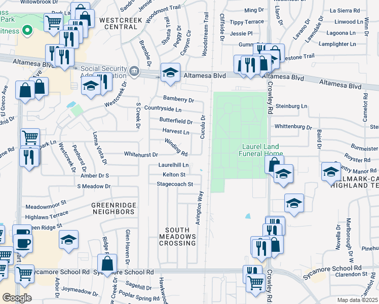 map of restaurants, bars, coffee shops, grocery stores, and more near 2535 Winding Road in Fort Worth