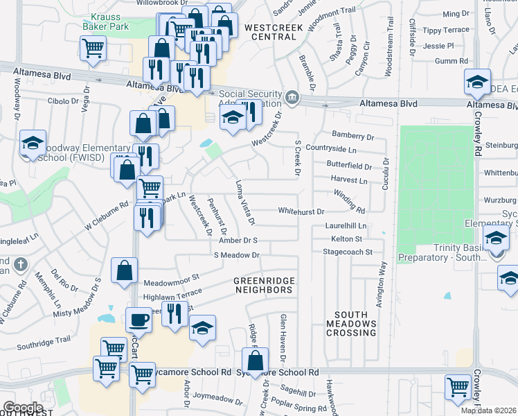 map of restaurants, bars, coffee shops, grocery stores, and more near 2817 Whitehurst Drive in Fort Worth