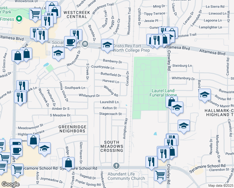 map of restaurants, bars, coffee shops, grocery stores, and more near 2530 Winding Road in Fort Worth