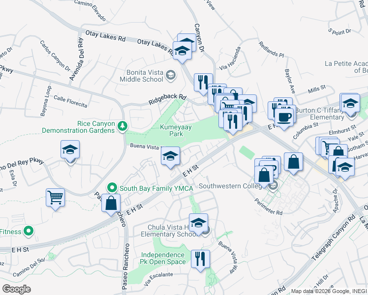 map of restaurants, bars, coffee shops, grocery stores, and more near 1337 Serena Circle in Chula Vista