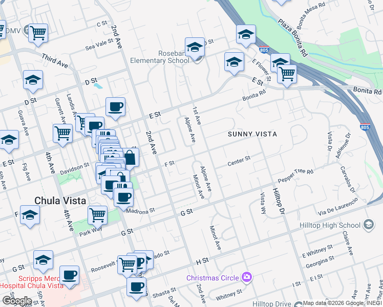 map of restaurants, bars, coffee shops, grocery stores, and more near 140 F Street in Chula Vista
