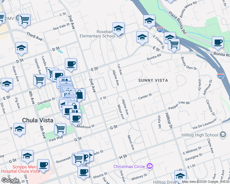 map of restaurants, bars, coffee shops, grocery stores, and more near 140 F Street in Chula Vista