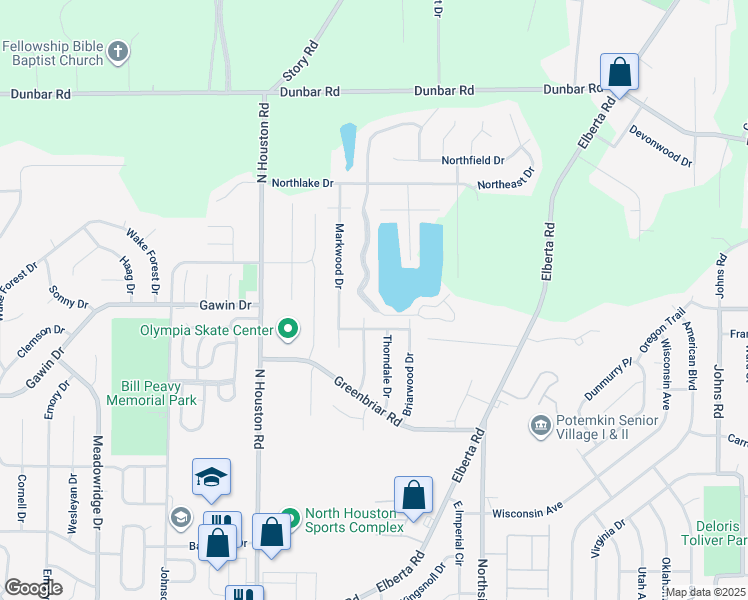 map of restaurants, bars, coffee shops, grocery stores, and more near 206 Northlake Drive in Warner Robins