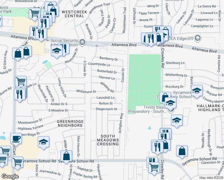 map of restaurants, bars, coffee shops, grocery stores, and more near 2535 Winding Road in Fort Worth