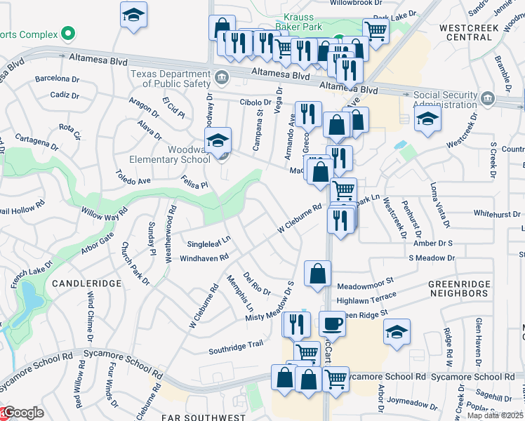 map of restaurants, bars, coffee shops, grocery stores, and more near 3808 Sugar Ridge Road in Fort Worth