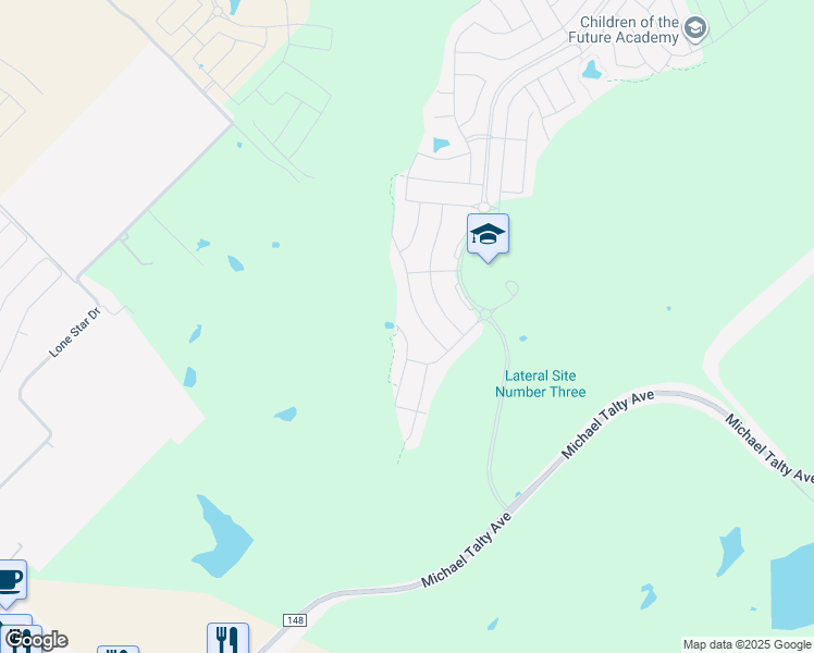 map of restaurants, bars, coffee shops, grocery stores, and more near Bellewood Court in Crandall