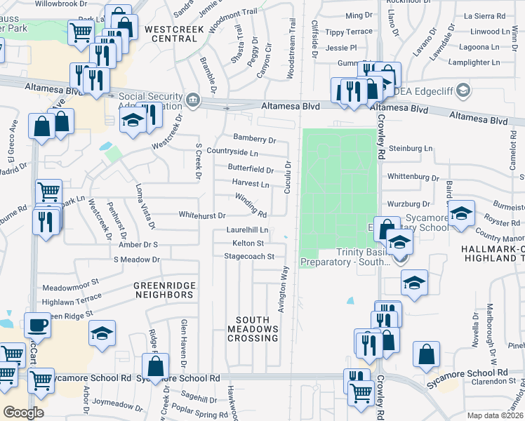 map of restaurants, bars, coffee shops, grocery stores, and more near 2535 Winding Road in Fort Worth