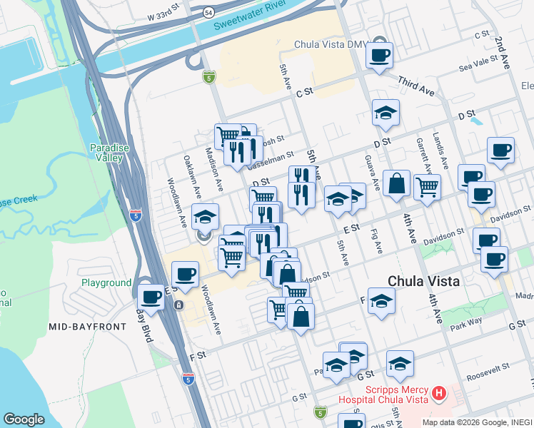 map of restaurants, bars, coffee shops, grocery stores, and more near 585 Flower Street in Chula Vista